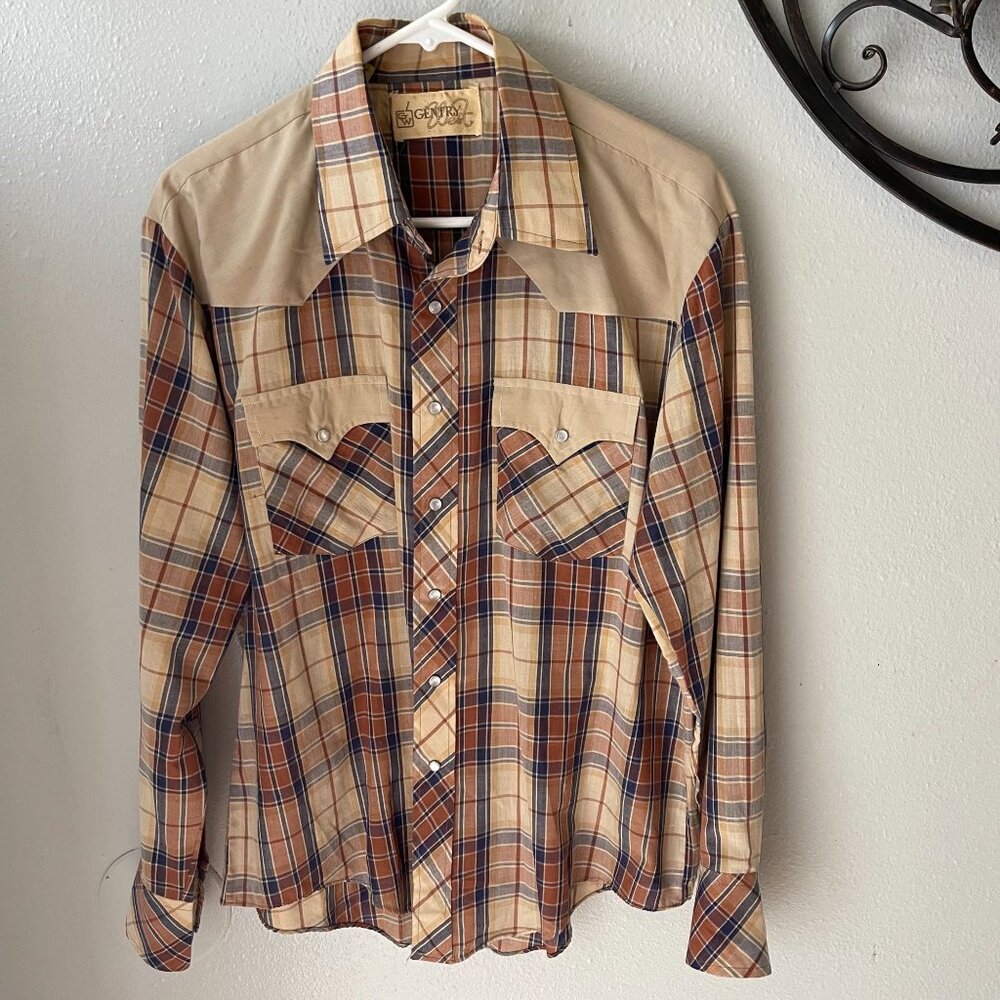 Vintage Gentry Western‎ Snap Button Plaid Shirt Beige Mens large cowboy shirt